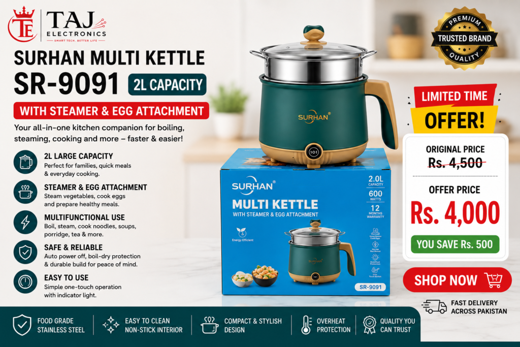 Surhan Multi Kettle SR-9091 2L with Steamer & Egg Attachment – A Practical Kitchen Companion