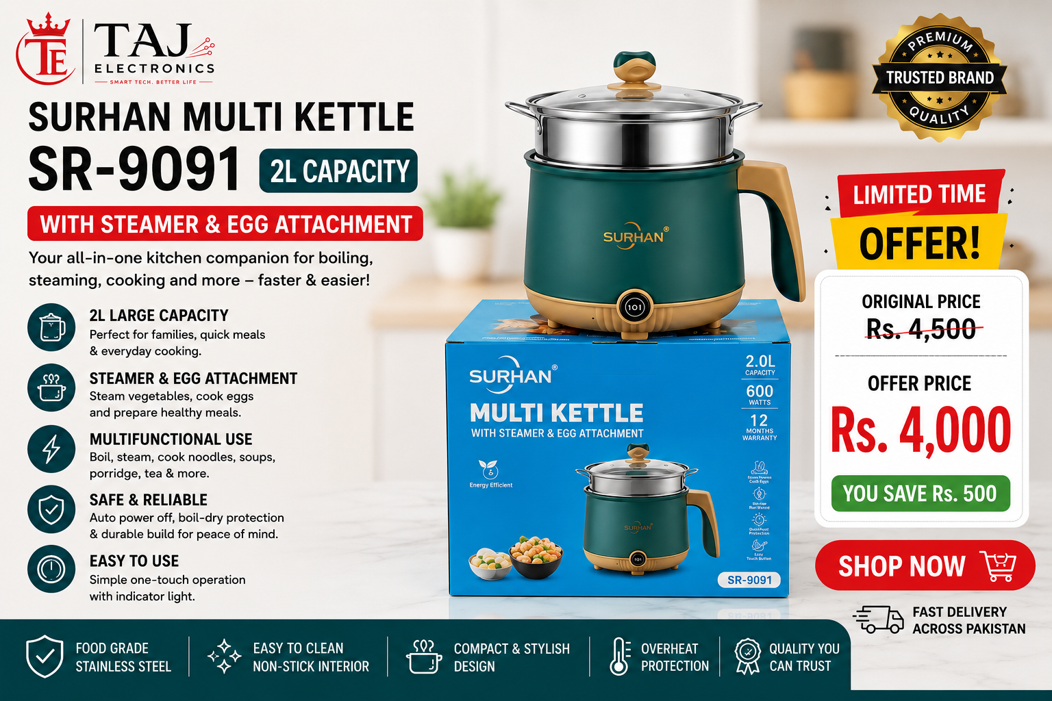 Surhan Multi Kettle SR-9091 2L with Steamer & Egg Attachment – A Practical Kitchen Companion