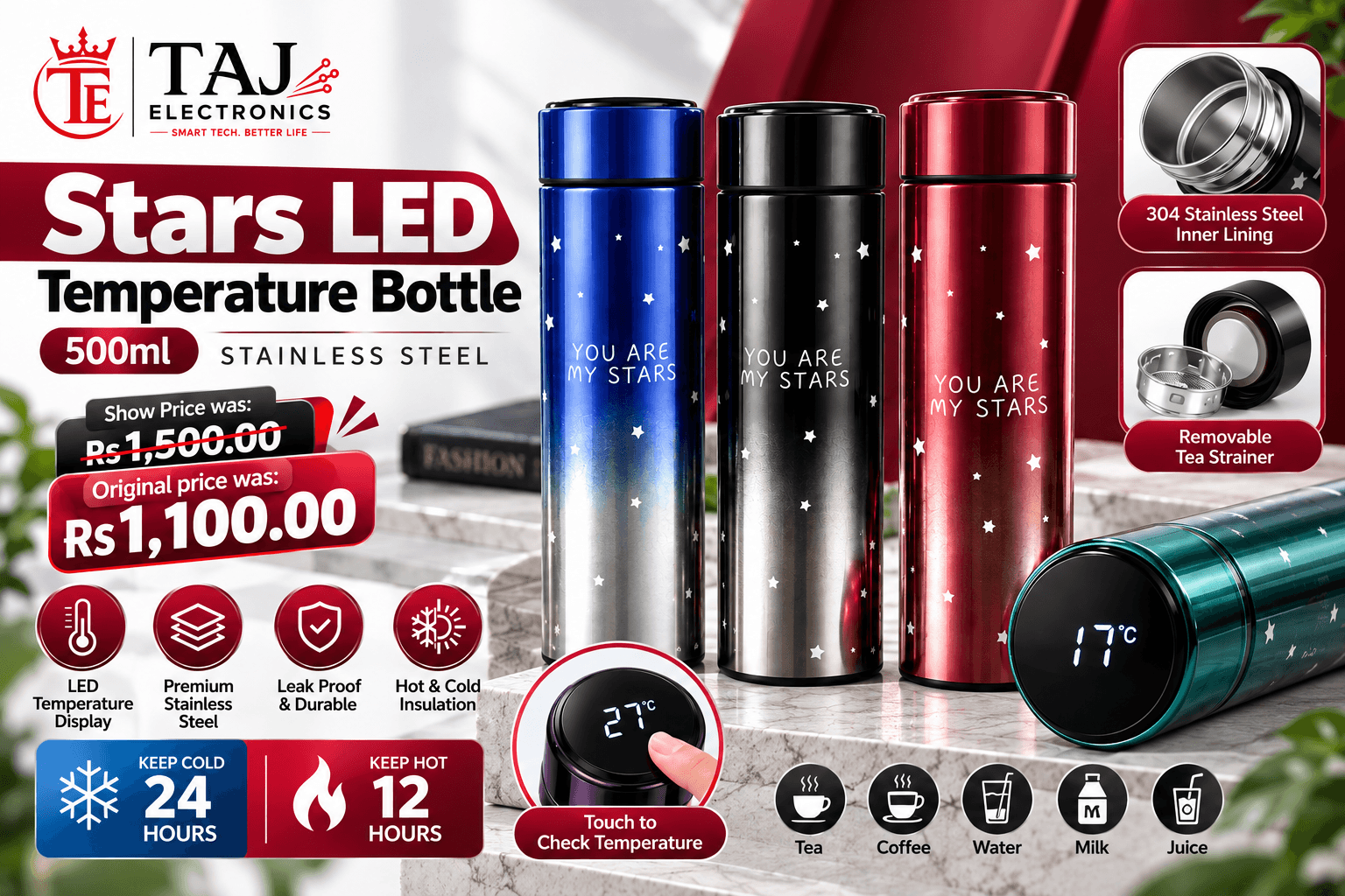 Stars LED Temperature Bottle 500ml